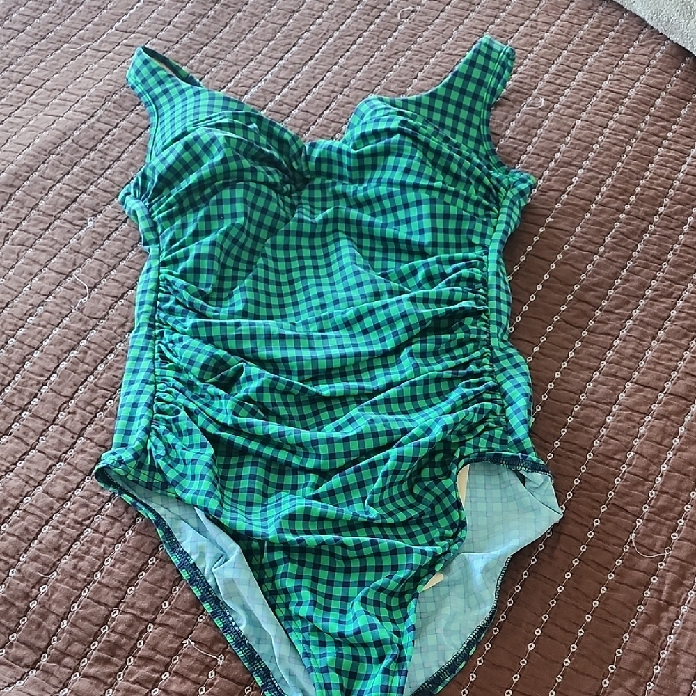 Miraclesuit Blue and Green Plaid Swimsuit.